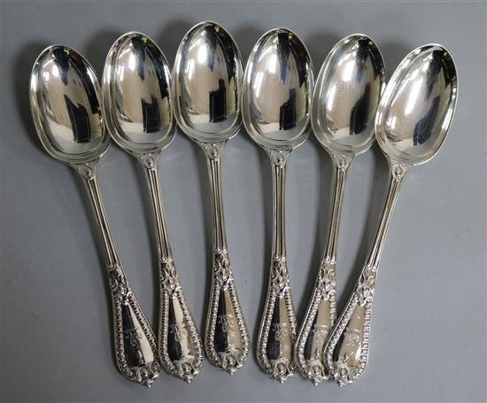 A set of six Victorian silver Grecian pattern dessert spoons, by George Adams, Length: 179mm, weight 12.1oz/378grms